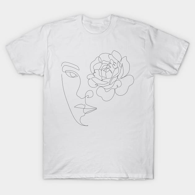 Line Art Woman with peony T-Shirt by OneLinePrint